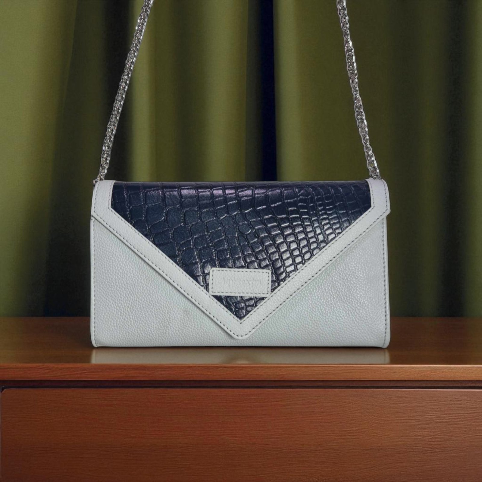 Aquaexim Sling Purse Light Blue Classic Leather Clutch with Chain.