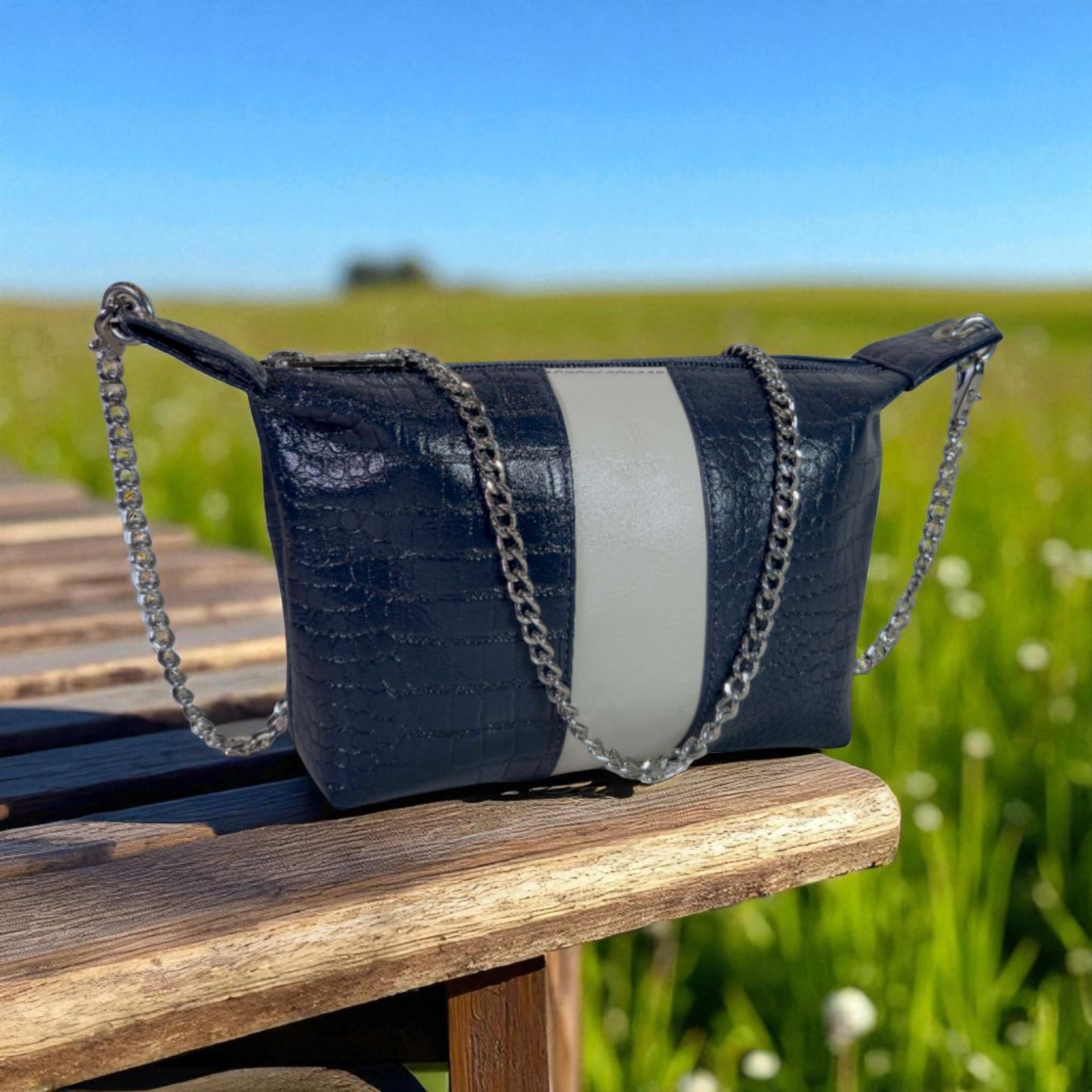 Leather Sling Bag with Chain Blue Croco