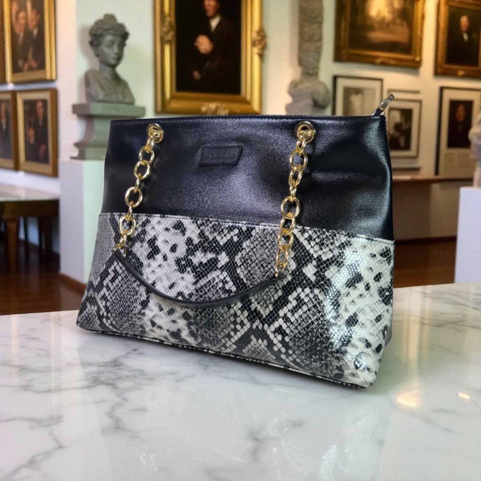 Aquaexim Stylish Leather Tote Bag Black Snake Print